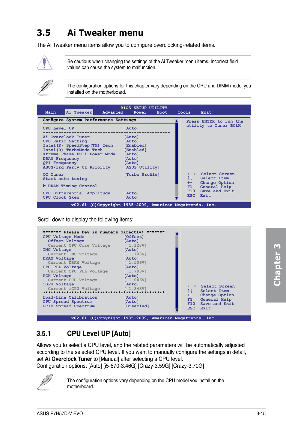 5 ai tweaker menu, 1 cpu level up [auto, Ai tweaker menu -15 3.5.1 | Cpu level up -15, Chapter 3 3.5 ai tweaker menu, Scroll down to display the following items | Asus P7H57D-V EVO User Manual | Page 73 / 128