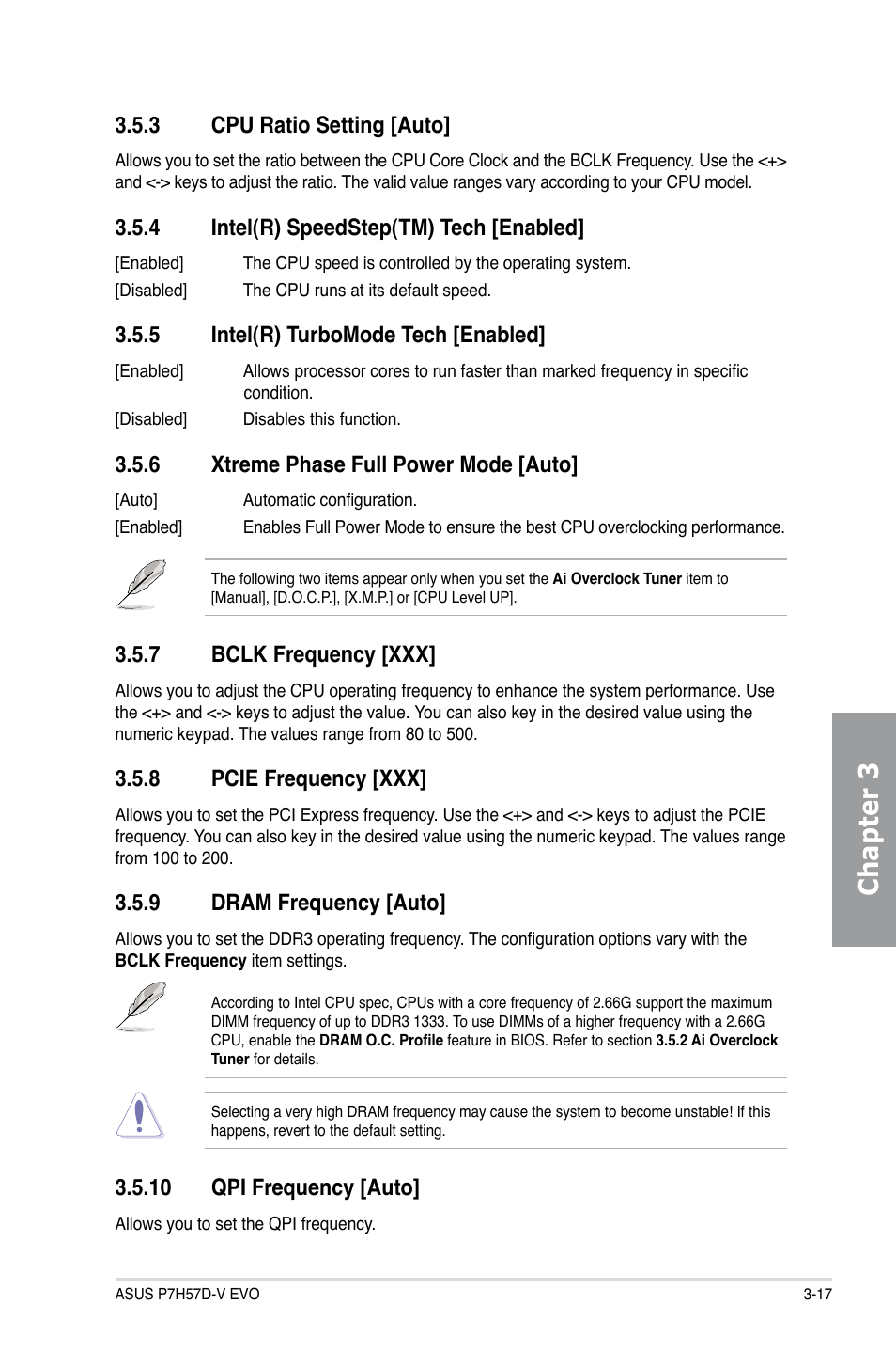 3 cpu ratio setting [auto, 4 intel(r) speedstep(tm) tech [enabled, 5 intel(r) turbomode tech [enabled | 6 xtreme phase full power mode [auto, 7 bclk frequency [xxx, 8 pcie frequency [xxx, 9 dram frequency [auto, 10 qpi frequency [auto, Cpu ratio setting -17, Intel(r) speedstep(tm) tech -17 | Asus P7H57D-V EVO User Manual | Page 75 / 128