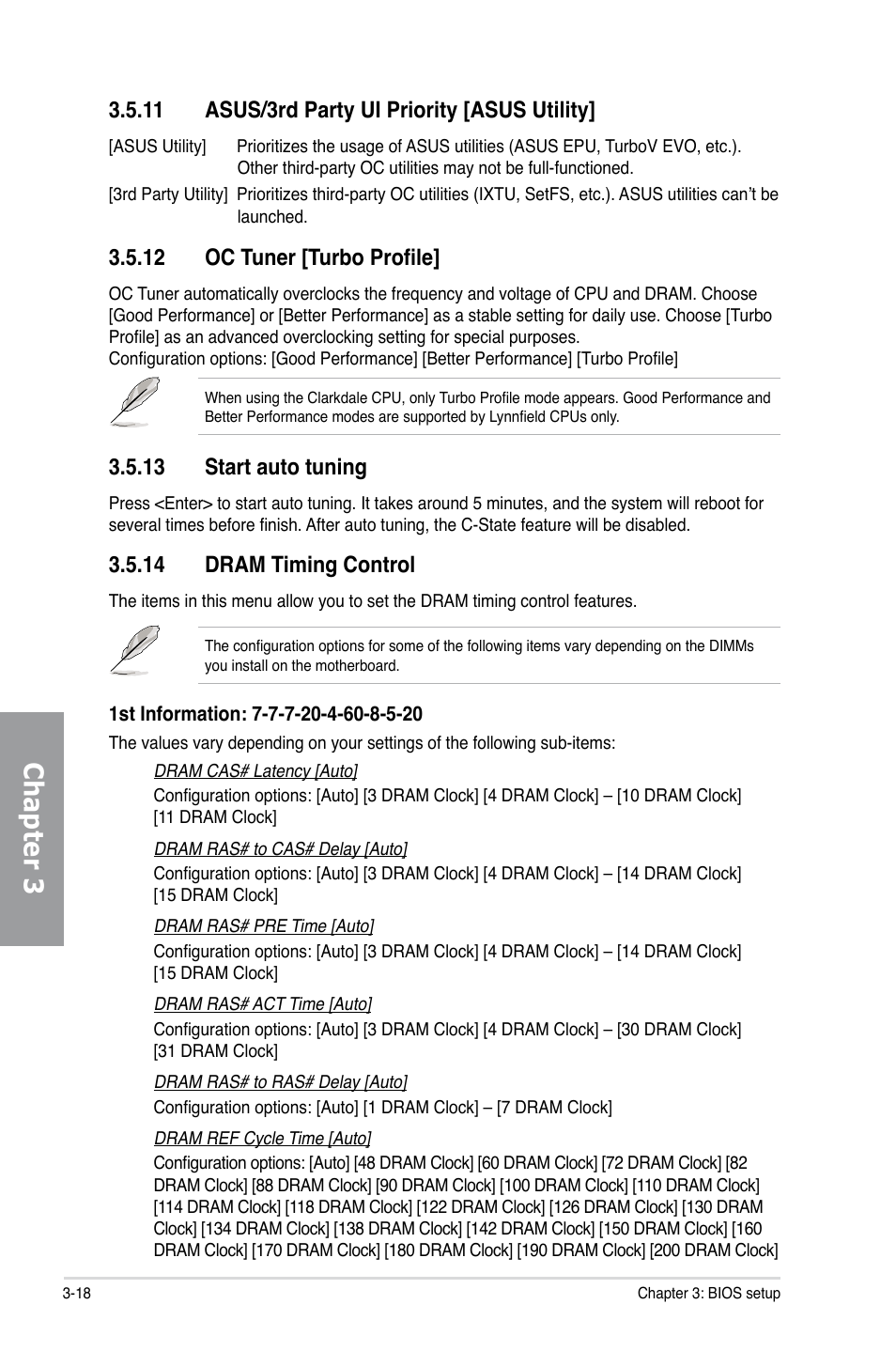 11 asus/3rd party ui priority [asus utility, 12 oc tuner [turbo profile, 13 start auto tuning | 14 dram timing control, Asus/3rd party ui priority -18, Oc tuner -18, Start auto tuning -18, Dram timing control -18, Chapter 3 | Asus P7H57D-V EVO User Manual | Page 76 / 128