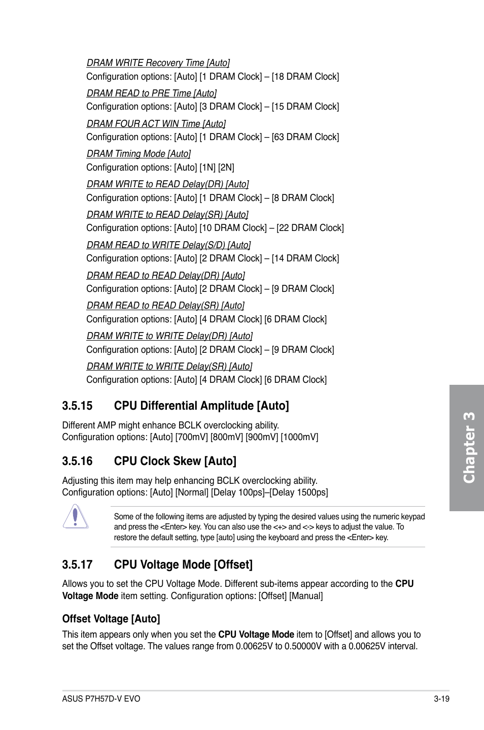 15 cpu differential amplitude [auto, 16 cpu clock skew [auto, 17 cpu voltage mode [offset | Cpu differential amplitude -19, Cpu clock skew -19, Cpu voltage mode -19, Chapter 3 | Asus P7H57D-V EVO User Manual | Page 77 / 128