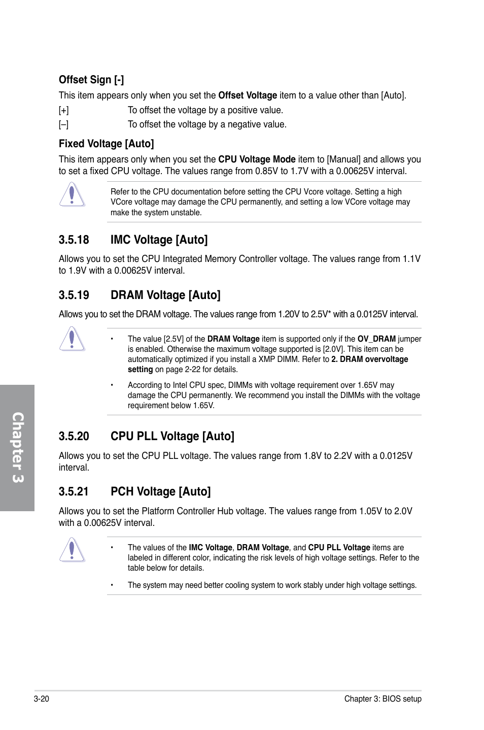 18 imc voltage [auto, 19 dram voltage [auto, 20 cpu pll voltage [auto | 21 pch voltage [auto, Imc voltage -20, Dram voltage -20, Cpu pll voltage -20, Pch voltage -20, Chapter 3 | Asus P7H57D-V EVO User Manual | Page 78 / 128