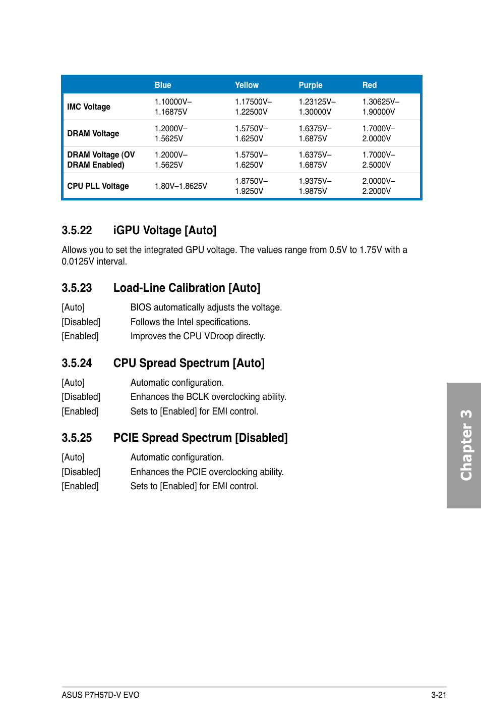 22 igpu voltage [auto, 23 load-line calibration [auto, 24 cpu spread spectrum [auto | 25 pcie spread spectrum [disabled, Igpu voltage -21, Load-line calibration -21, Cpu spread spectrum -21, Pcie spread spectrum -21, Chapter 3 | Asus P7H57D-V EVO User Manual | Page 79 / 128