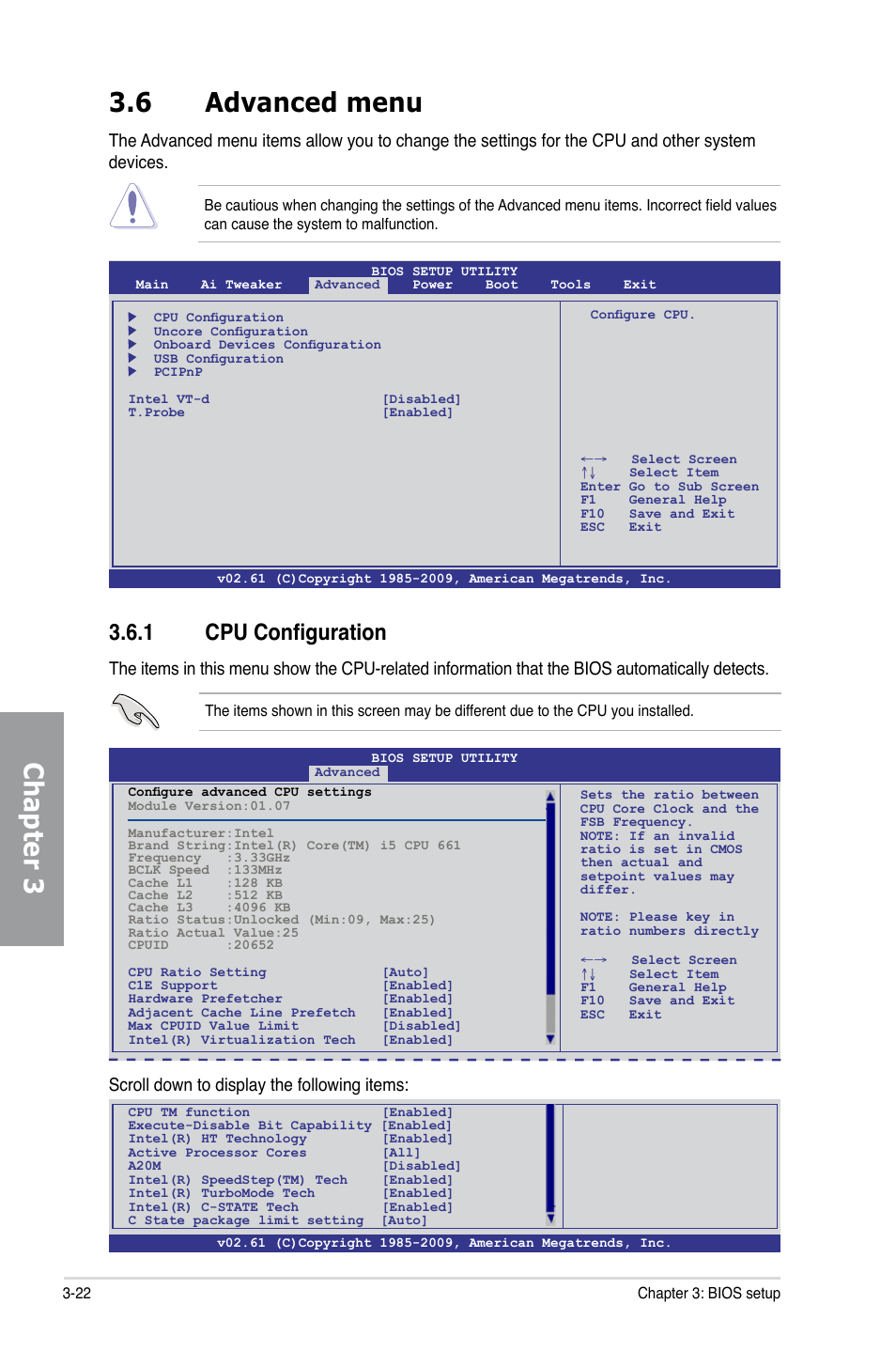 6 advanced menu, 1 cpu configuration, Advanced menu -22 3.6.1 | Cpu configuration -22, Chapter 3, Scroll down to display the following items | Asus P7H57D-V EVO User Manual | Page 80 / 128