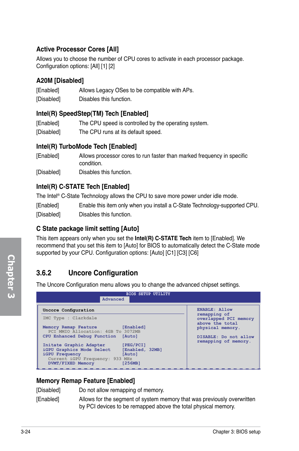 2 uncore configuration, Uncore configuration -24, Chapter 3 | Active processor cores [all, A20m [disabled, Intel(r) speedstep(tm) tech [enabled, Intel(r) turbomode tech [enabled, Intel(r) c-state tech [enabled, C state package limit setting [auto | Asus P7H57D-V EVO User Manual | Page 82 / 128