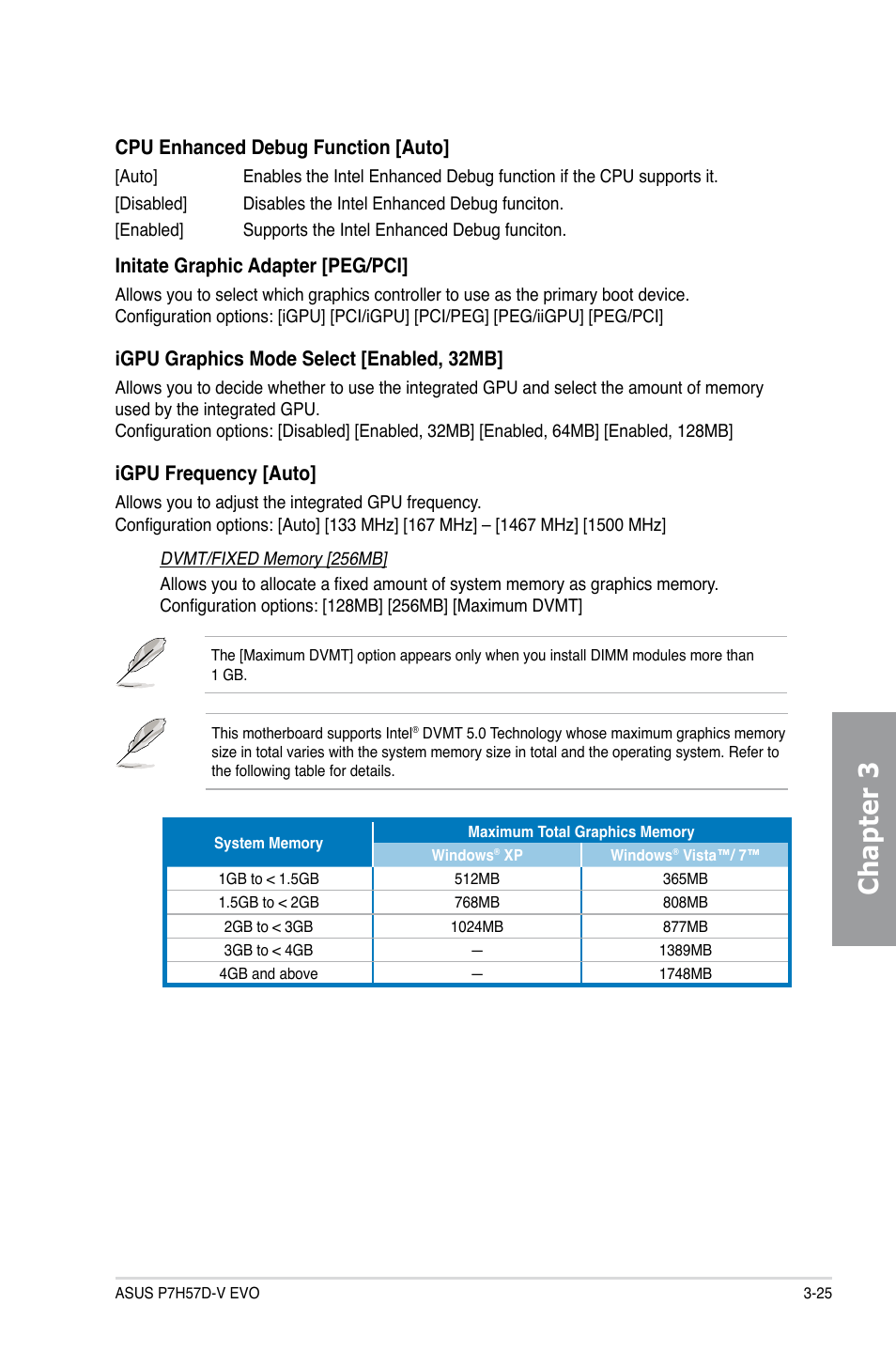 Chapter 3, Cpu enhanced debug function [auto, Initate graphic adapter [peg/pci | Igpu graphics mode select [enabled, 32mb, Igpu frequency [auto | Asus P7H57D-V EVO User Manual | Page 83 / 128