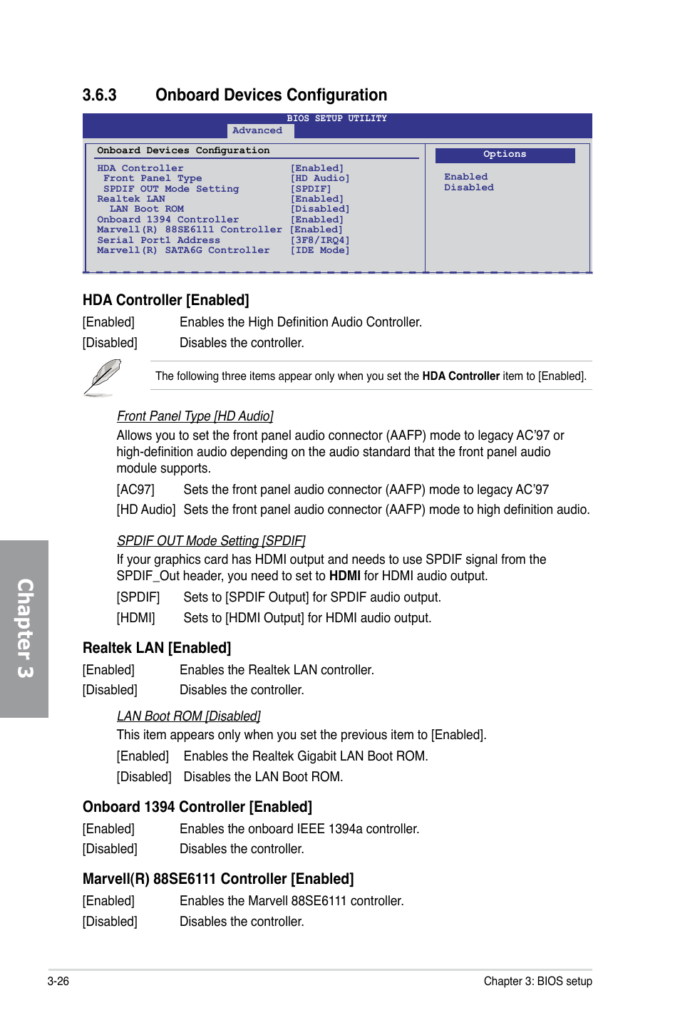 3 onboard devices configuration, Onboard devices configuration -26, Chapter 3 | Hda controller [enabled, Realtek lan [enabled, Onboard 1394 controller [enabled | Asus P7H57D-V EVO User Manual | Page 84 / 128