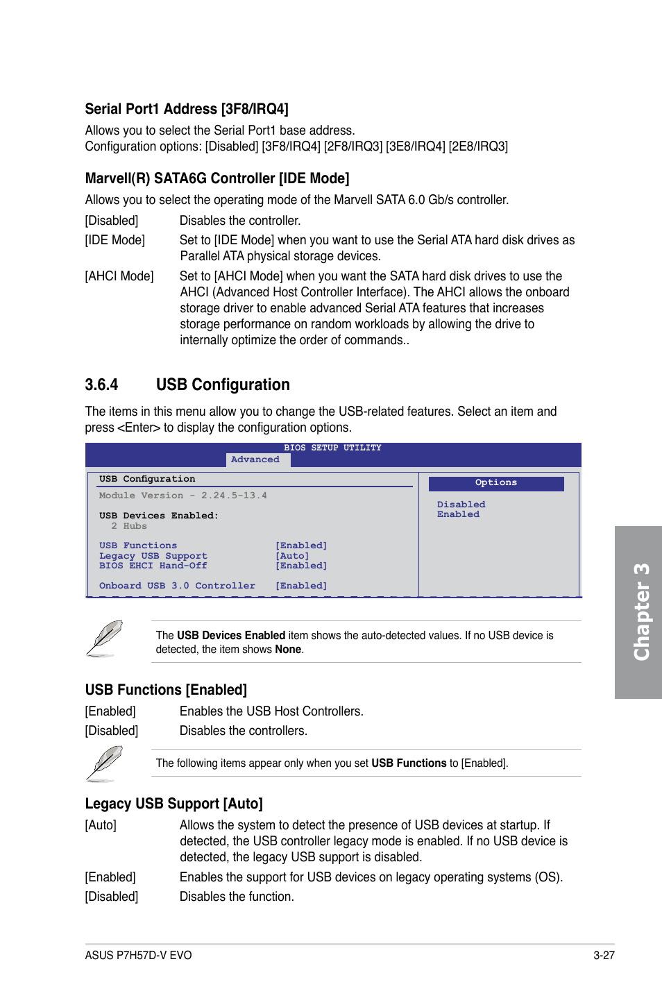 4 usb configuration, Usb configuration -27, Chapter 3 | Usb functions [enabled, Legacy usb support [auto, Serial port1 address [3f8/irq4, Marvell(r) sata6g controller [ide mode | Asus P7H57D-V EVO User Manual | Page 85 / 128