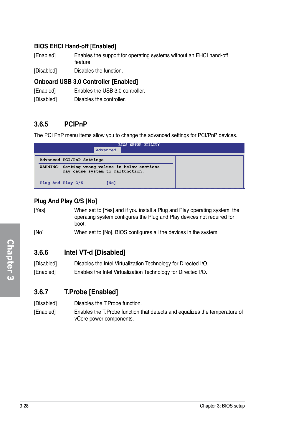 5 pcipnp, 6 intel vt-d [disabled, 7 t.probe [enabled | Pcipnp -28, Intel vt-d -28, T.probe -28, Chapter 3 | Asus P7H57D-V EVO User Manual | Page 86 / 128