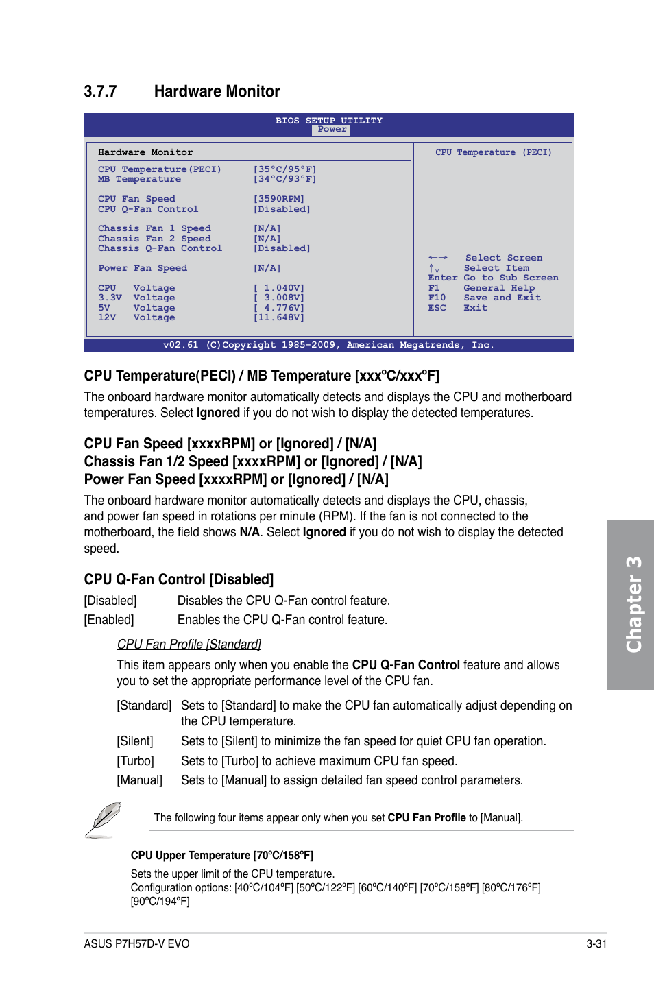 7 hardware monitor, Hardware monitor -31, Chapter 3 | Cpu q-fan control [disabled | Asus P7H57D-V EVO User Manual | Page 89 / 128