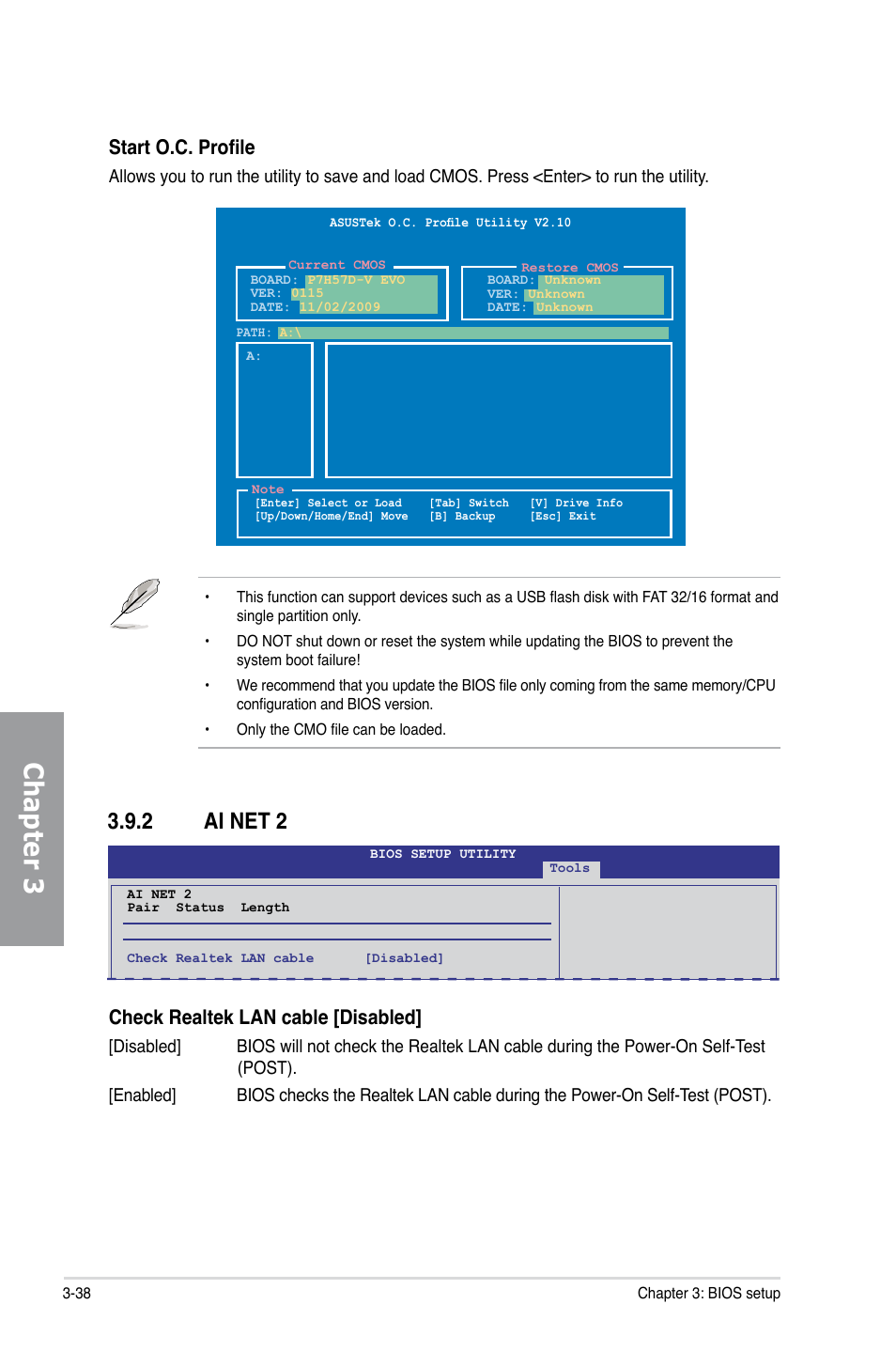 2 ai net 2, Ai net 2 -38, Chapter 3 | Check realtek lan cable [disabled, Start o.c. profile | Asus P7H57D-V EVO User Manual | Page 96 / 128