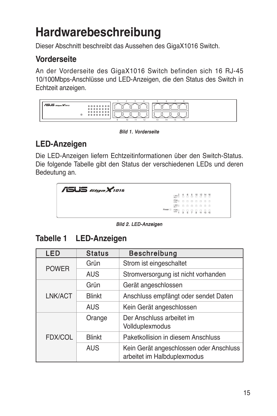 Hardwarebeschreibung, Vorderseite, Led-anzeigen | Tabelle 1 led-anzeigen | Asus GigaX1016 User Manual | Page 16 / 67