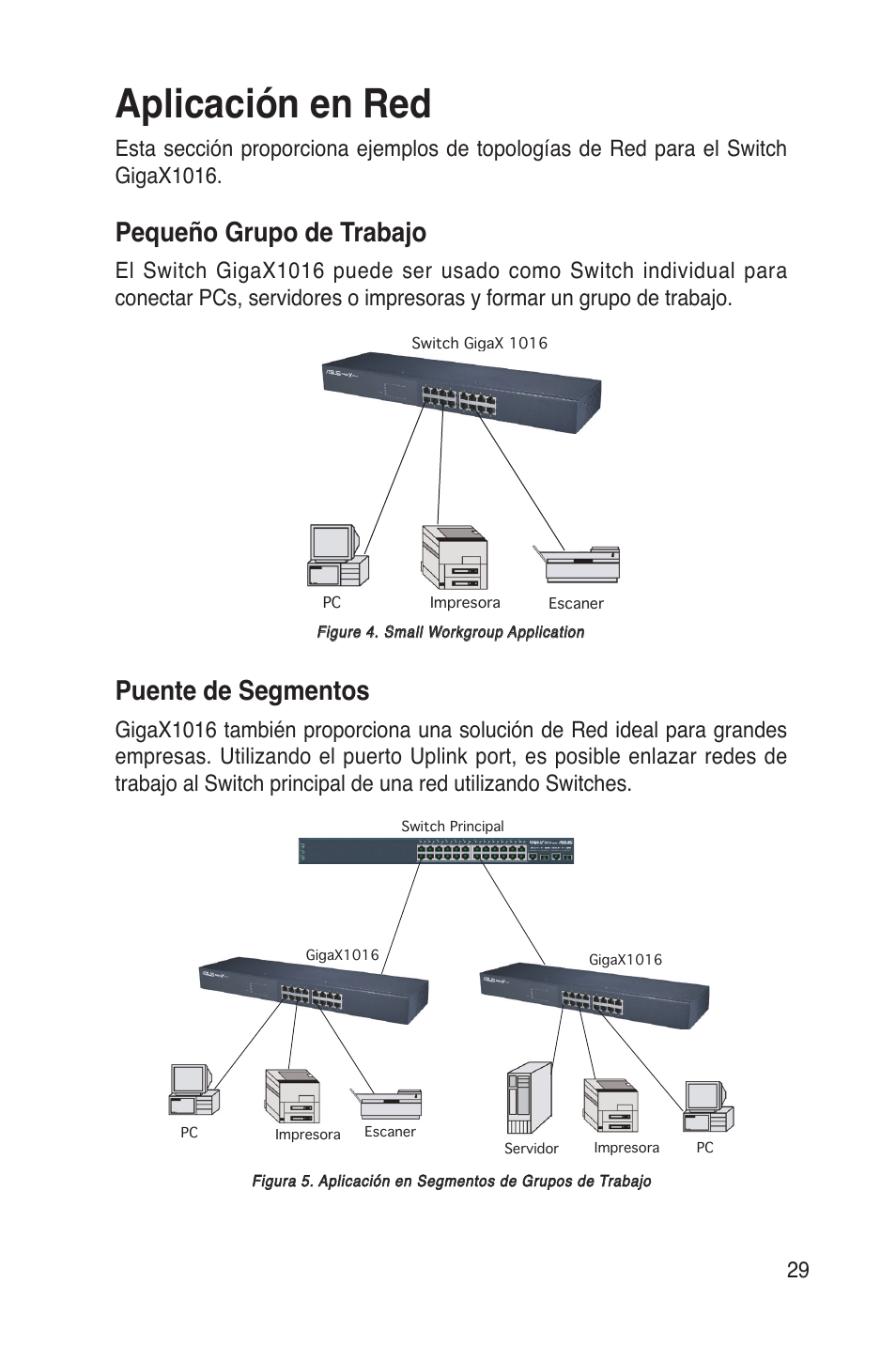 Aplicación en red, Pequeño grupo de trabajo, Puente de segmentos | Asus GigaX1016 User Manual | Page 30 / 67