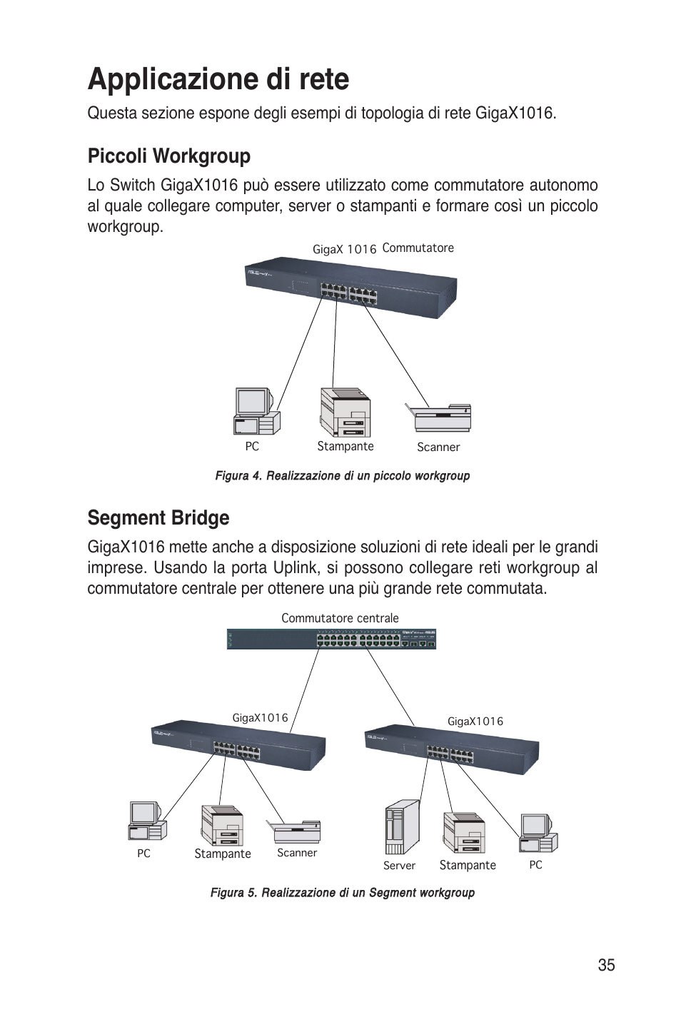 Applicazione di rete, Piccoli workgroup, Segment bridge | Asus GigaX1016 User Manual | Page 36 / 67