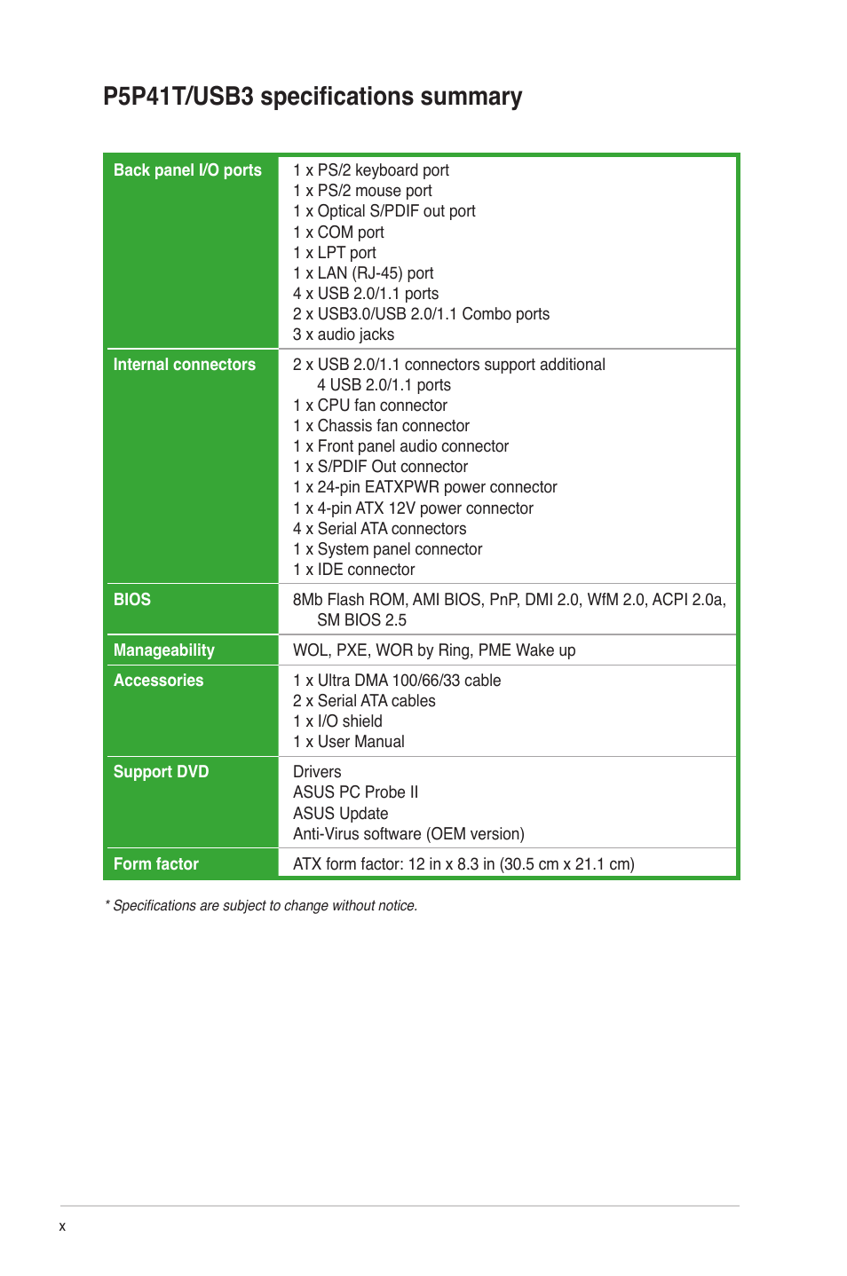 P5p41t/usb3 specifications summary | Asus P5P41T/USB3 User Manual | Page 10 / 62