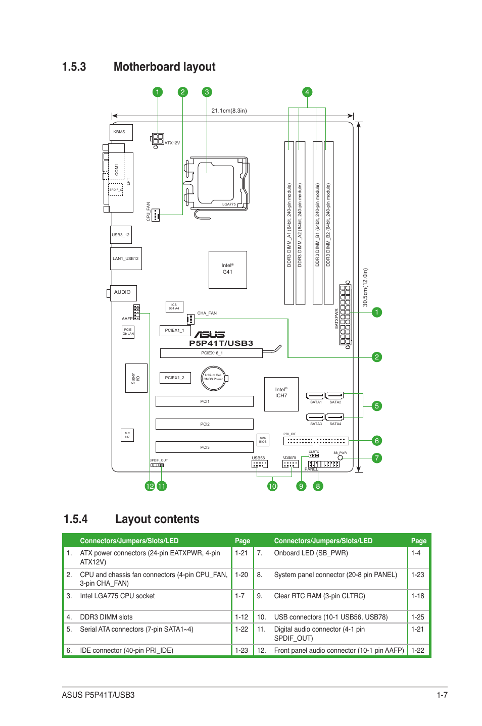 3 motherboard layout, 4 layout contents, Motherboard layout -7 | Layout contents -7, 3 motherboard layout 1.5.4 layout contents | Asus P5P41T/USB3 User Manual | Page 17 / 62