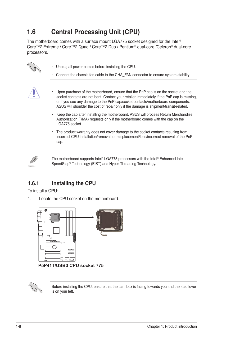 6 central processing unit (cpu), 1 installing the cpu, Central processing unit (cpu) -8 1.6.1 | Installing the cpu -8 | Asus P5P41T/USB3 User Manual | Page 18 / 62