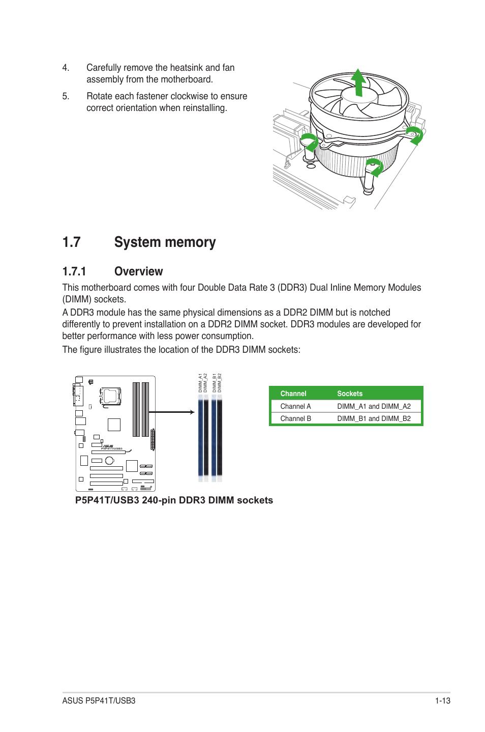 7 system memory, 1 overview, System memory -13 1.7.1 | Overview -13 | Asus P5P41T/USB3 User Manual | Page 23 / 62