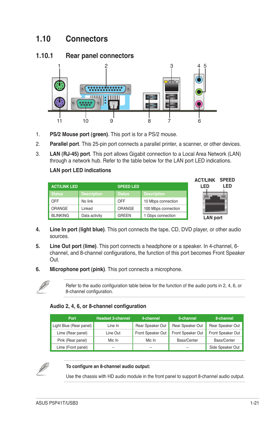 10 connectors, 1 rear panel connectors, 10 connectors -21 | 1 rear panel connectors -21 | Asus P5P41T/USB3 User Manual | Page 31 / 62