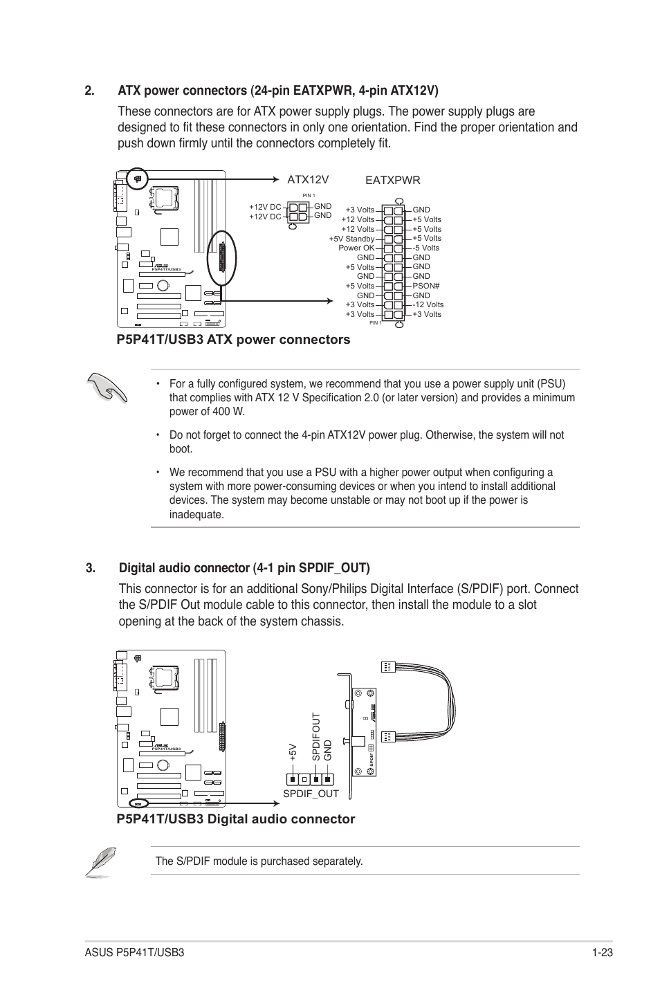 P5p41t/usb3 atx power connectors, P5p41t/usb3 digital audio connector | Asus P5P41T/USB3 User Manual | Page 33 / 62