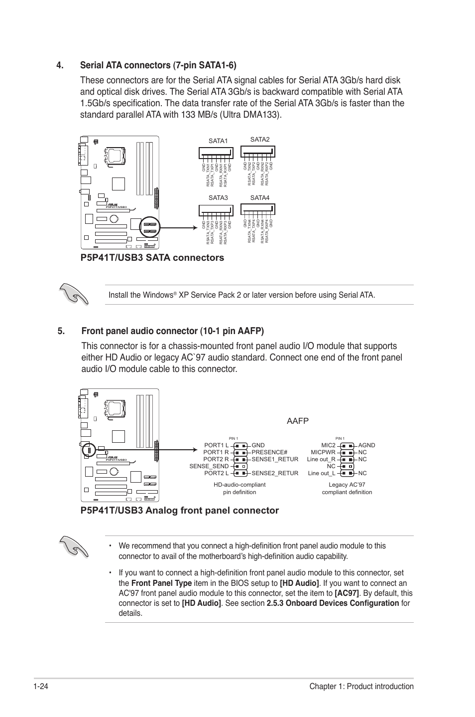 P5p41t/usb3 sata connectors, P5p41t/usb3 analog front panel connector, 24 chapter 1: product introduction | Install the windows, Aafp | Asus P5P41T/USB3 User Manual | Page 34 / 62