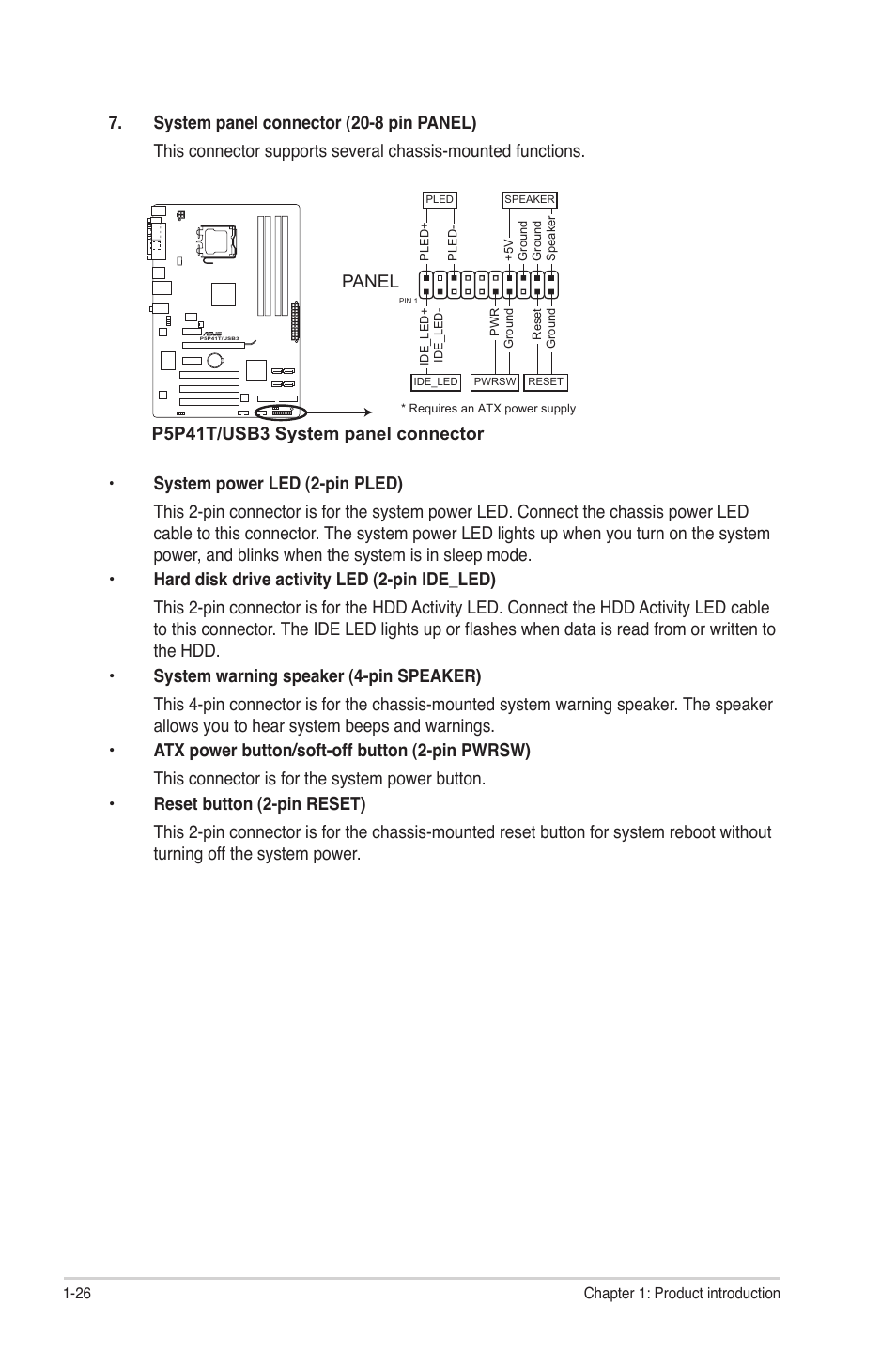 P5p41t/usb3 system panel connector, Panel | Asus P5P41T/USB3 User Manual | Page 36 / 62