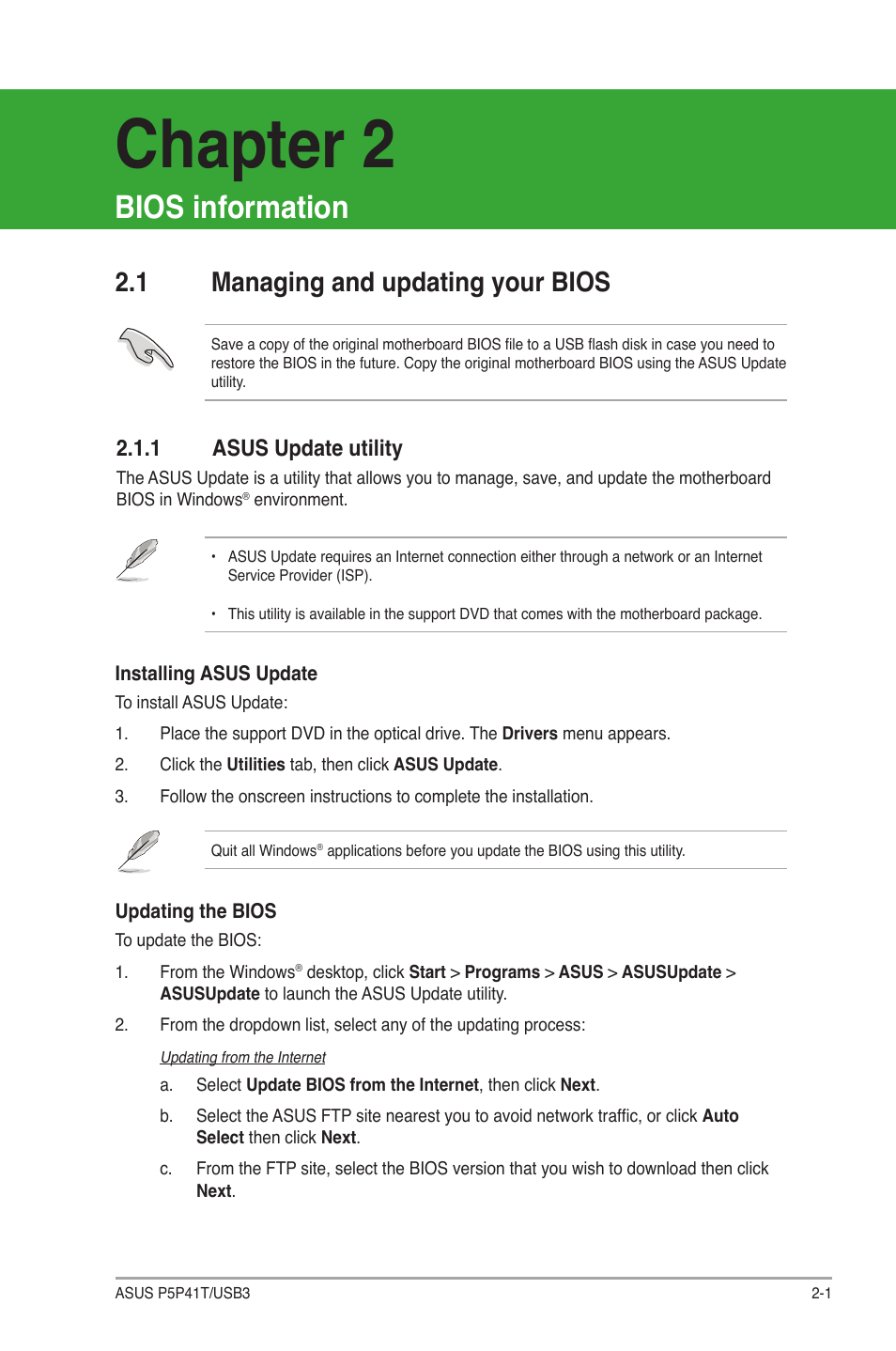 Chapter 2: bios information, 1 managing and updating your bios, 1 asus update utility | Bios information, Managing and updating your bios -1 2.1.1, Asus update utility -1, Chapter 2 | Asus P5P41T/USB3 User Manual | Page 39 / 62