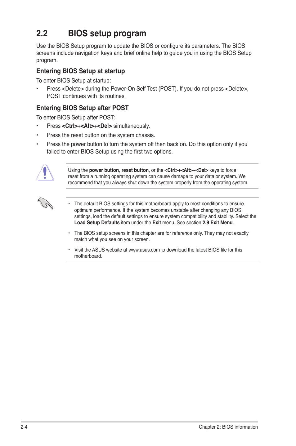 2 bios setup program, Bios setup program -4 | Asus P5P41T/USB3 User Manual | Page 42 / 62