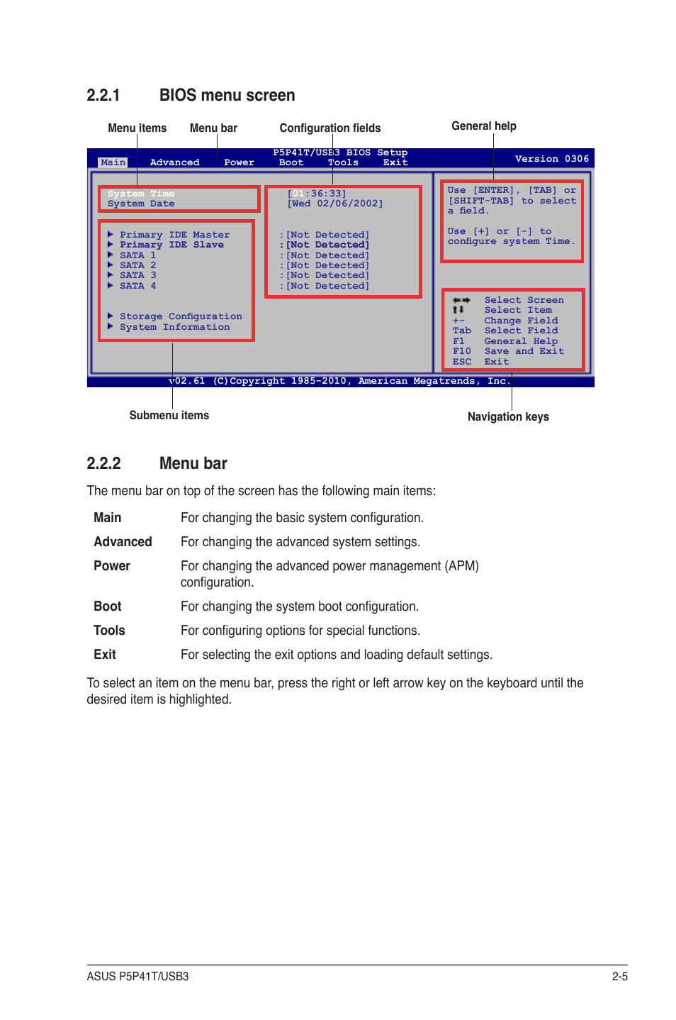 1 bios menu screen, 2 menu bar, Bios menu screen -5 | Menu bar -5 | Asus P5P41T/USB3 User Manual | Page 43 / 62