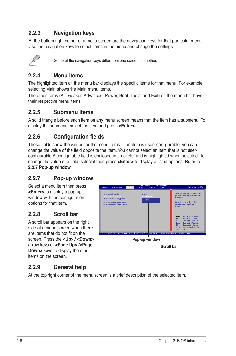 3 navigation keys, 4 menu items, 5 submenu items | 6 configuration fields, 7 pop-up window, 8 scroll bar, 9 general help, Navigation keys -6, Menu items -6, Submenu items -6 | Asus P5P41T/USB3 User Manual | Page 44 / 62