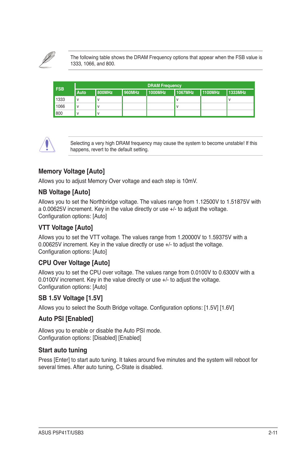 Nb voltage [auto, Vtt voltage [auto, Cpu over voltage [auto | Sb 1.5v voltage [1.5v, Auto psi [enabled, Start auto tuning | Asus P5P41T/USB3 User Manual | Page 49 / 62
