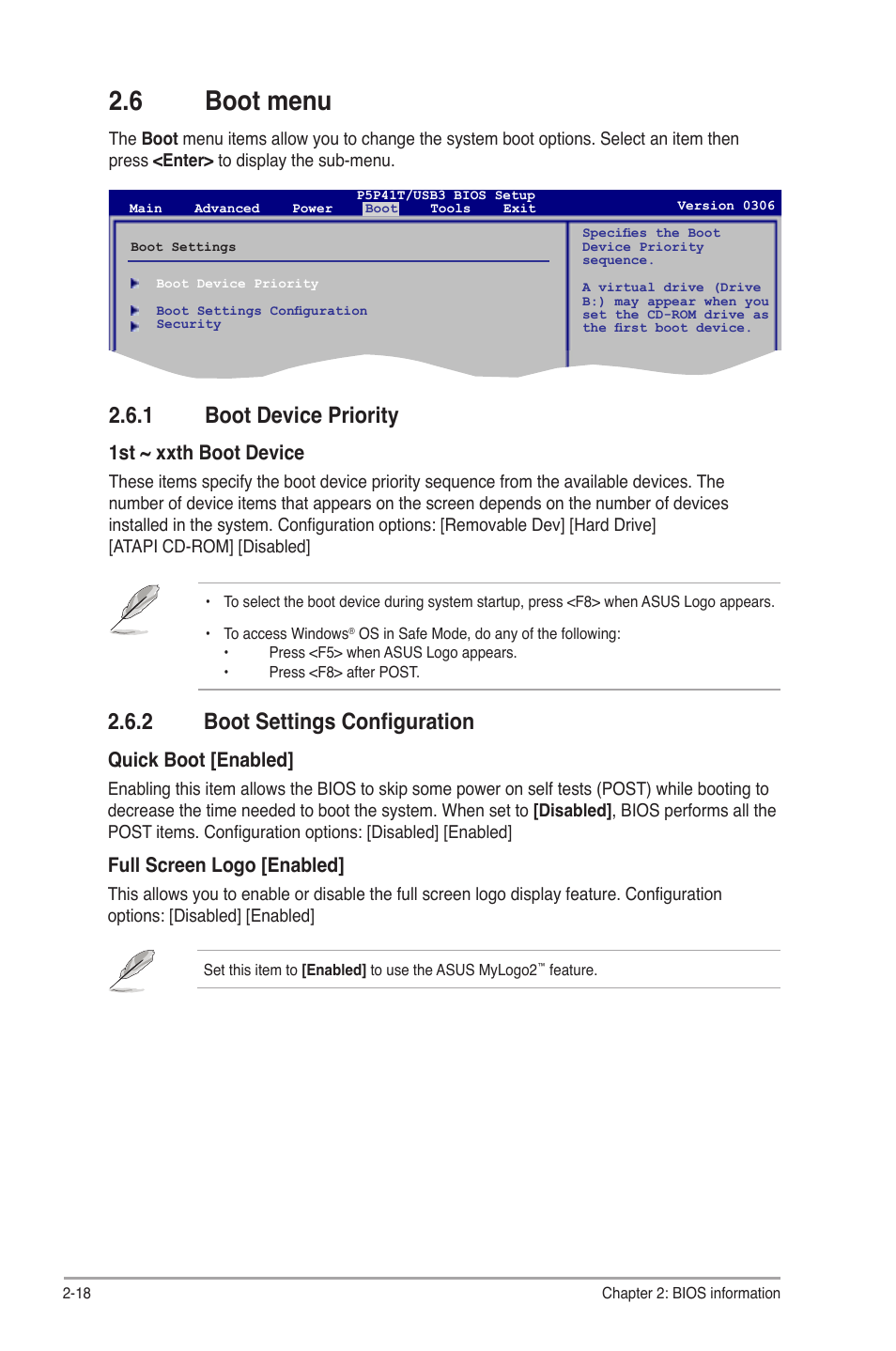 6 boot menu, 1 boot device priority, 2 boot settings configuration | Boot menu -18 2.6.1, Boot device priority -18, Boot settings configuration -18, 1st ~ xxth boot device, Quick boot [enabled, Full screen logo [enabled | Asus P5P41T/USB3 User Manual | Page 56 / 62