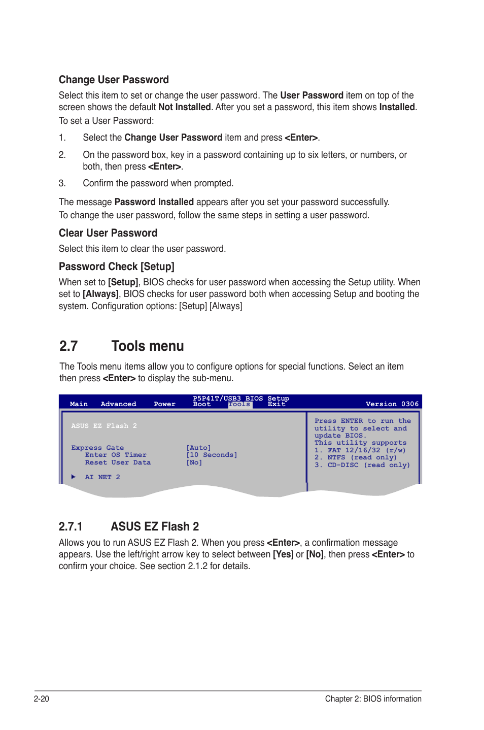 7 tools menu, 1 asus ez flash 2, Tools menu -20 2.7.1 | Asus ez flash 2 -20, Change user password, Clear user password, Password check [setup | Asus P5P41T/USB3 User Manual | Page 58 / 62