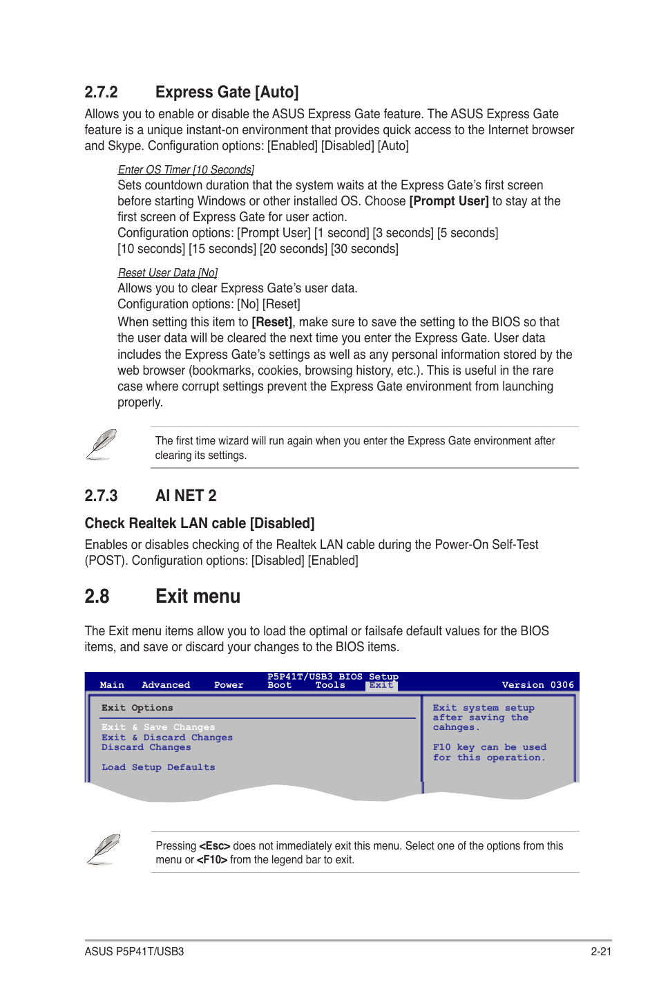 2 express gate [auto, 3 ai net 2, 8 exit menu | Express gate [auto] -21, Ai net 2 -21, Exit menu -21 | Asus P5P41T/USB3 User Manual | Page 59 / 62