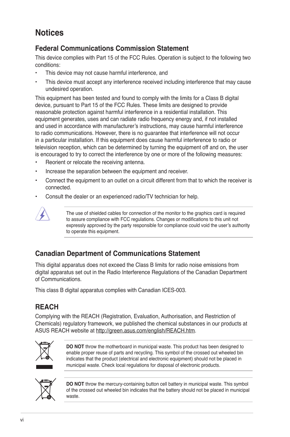 Notices, Federal communications commission statement, Canadian department of communications statement | Reach | Asus P5P41T/USB3 User Manual | Page 6 / 62