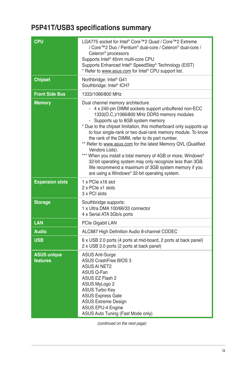 P5p41t/usb3 specifications summary | Asus P5P41T/USB3 User Manual | Page 9 / 62