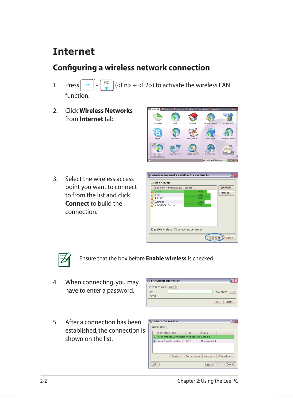 Internet, Configuring a wireless network connection | Asus Eee PC 701SD/Linux User Manual | Page 12 / 92