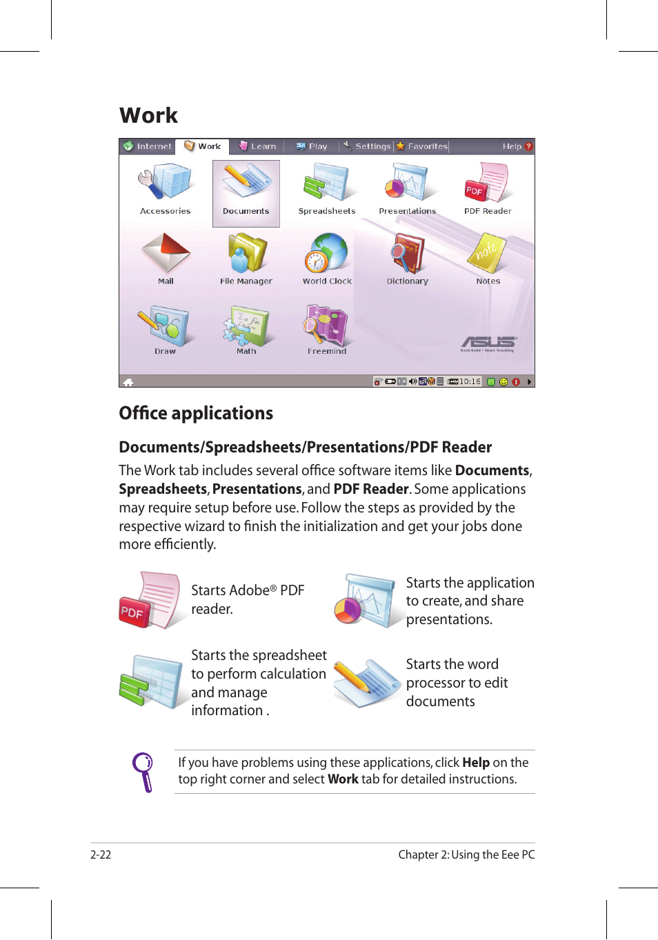 Work, Office applications | Asus Eee PC 701SD/Linux User Manual | Page 32 / 92