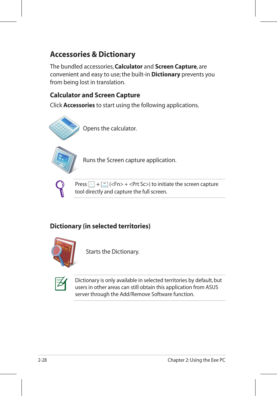 Accessories & dictionary | Asus Eee PC 701SD/Linux User Manual | Page 38 / 92