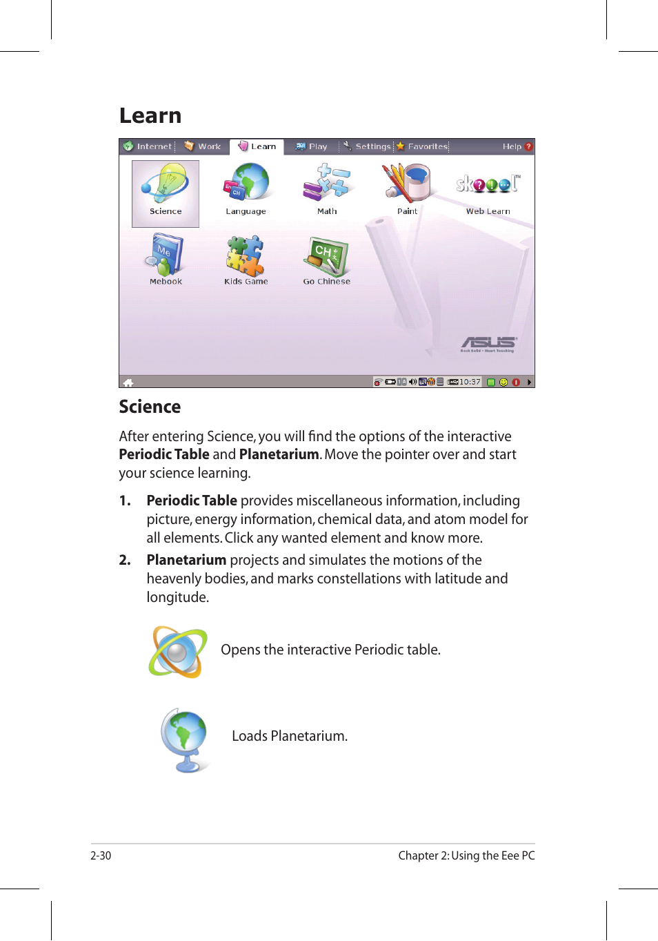 Learn, Science | Asus Eee PC 701SD/Linux User Manual | Page 40 / 92