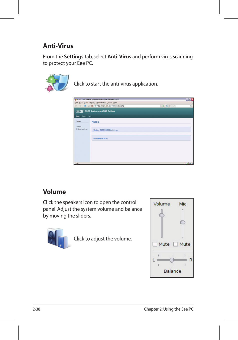 Anti-virus, Volume | Asus Eee PC 701SD/Linux User Manual | Page 48 / 92