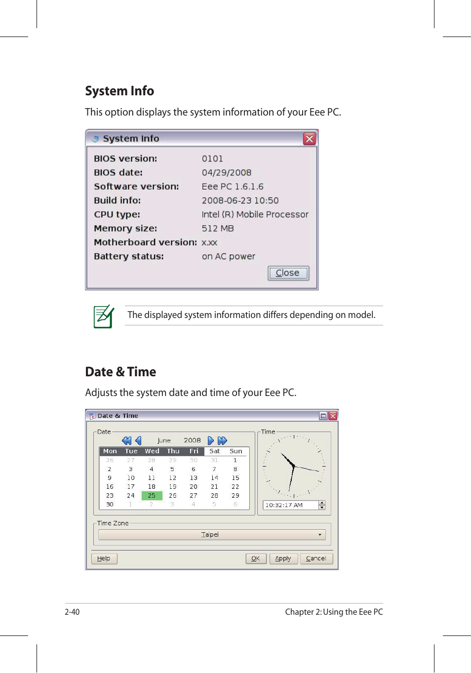 System info, Date & time | Asus Eee PC 701SD/Linux User Manual | Page 50 / 92