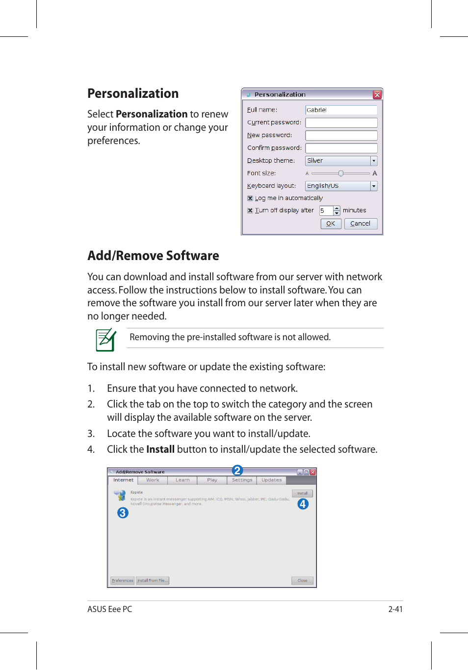 Personalization, Add/remove software | Asus Eee PC 701SD/Linux User Manual | Page 51 / 92