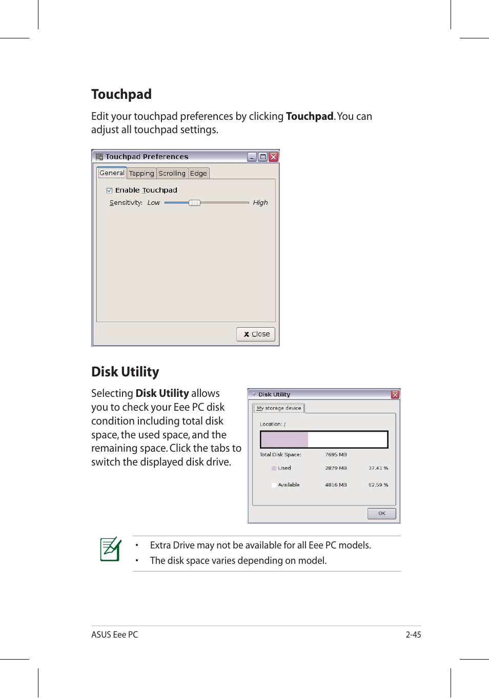 Touchpad, Disk utility | Asus Eee PC 701SD/Linux User Manual | Page 55 / 92