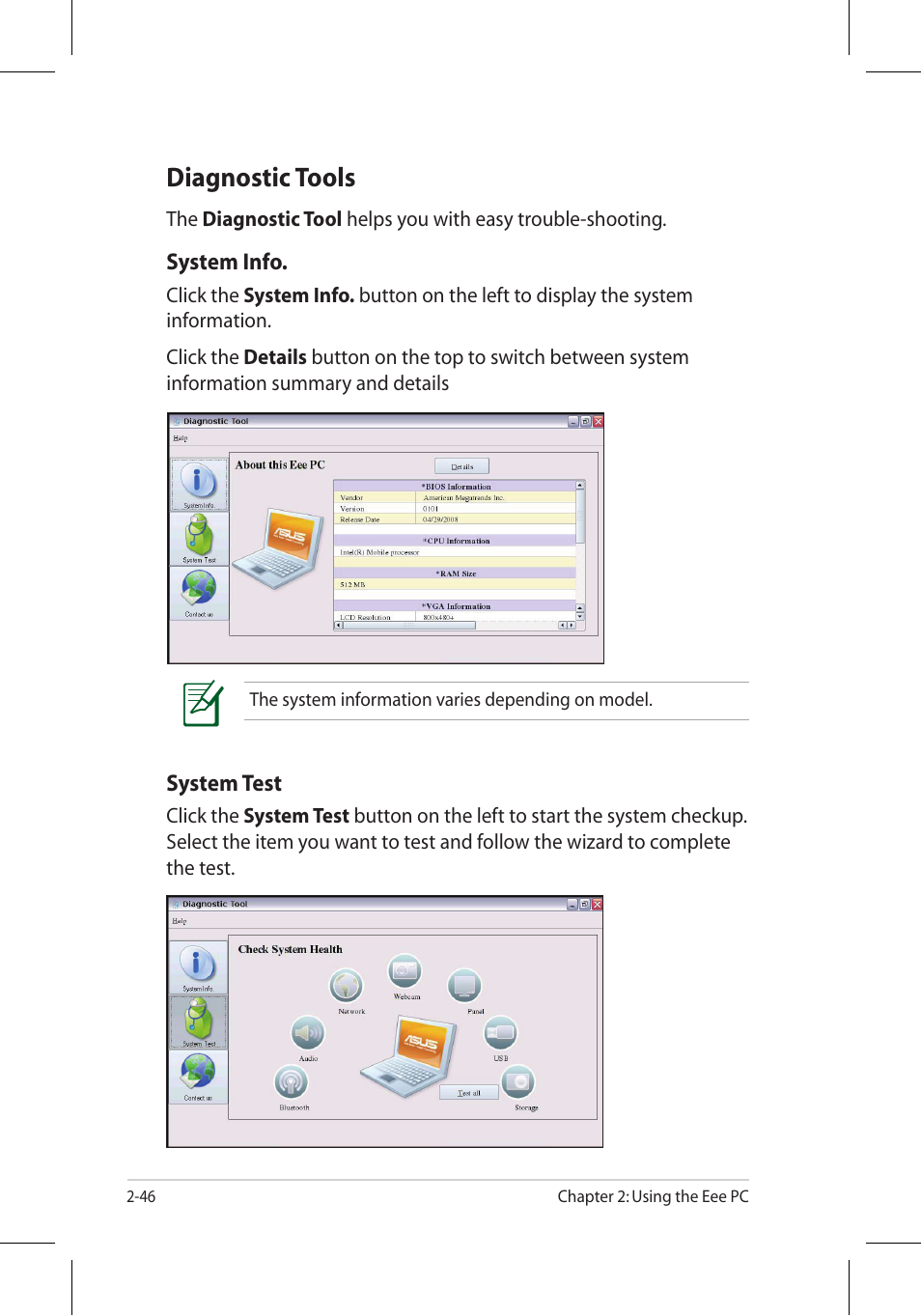 Diagnostic tools | Asus Eee PC 701SD/Linux User Manual | Page 56 / 92