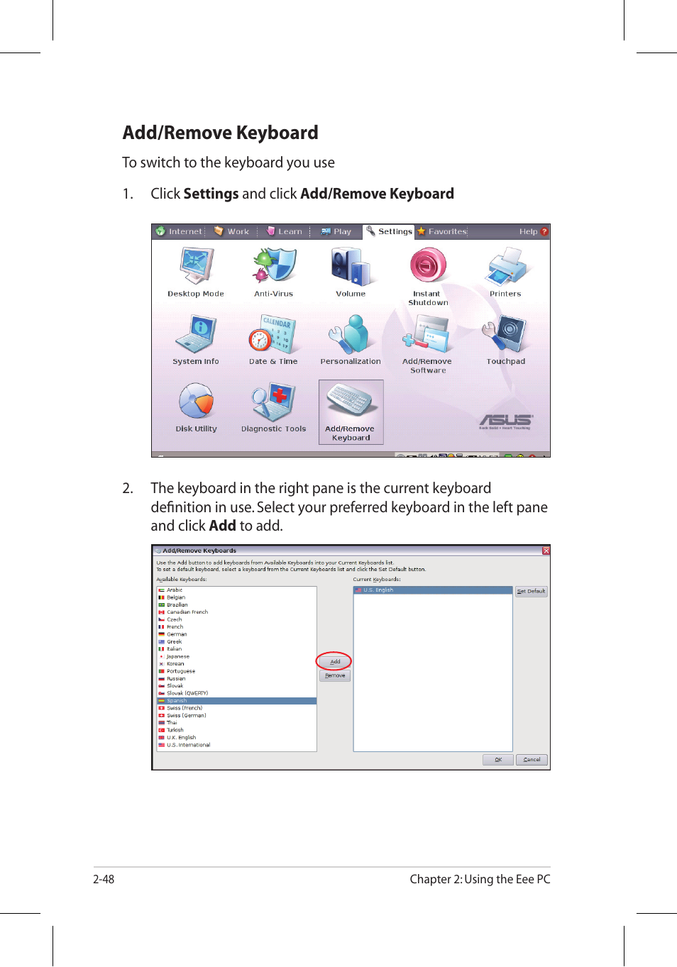 Add/remove keyboard | Asus Eee PC 701SD/Linux User Manual | Page 58 / 92