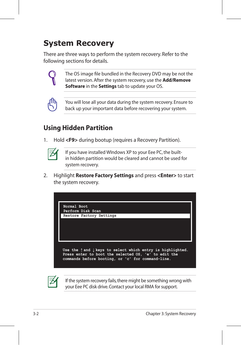 System recovery, Using hidden partition | Asus Eee PC 701SD/Linux User Manual | Page 64 / 92