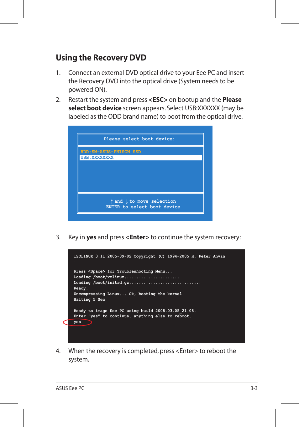 Using the recovery dvd | Asus Eee PC 701SD/Linux User Manual | Page 65 / 92