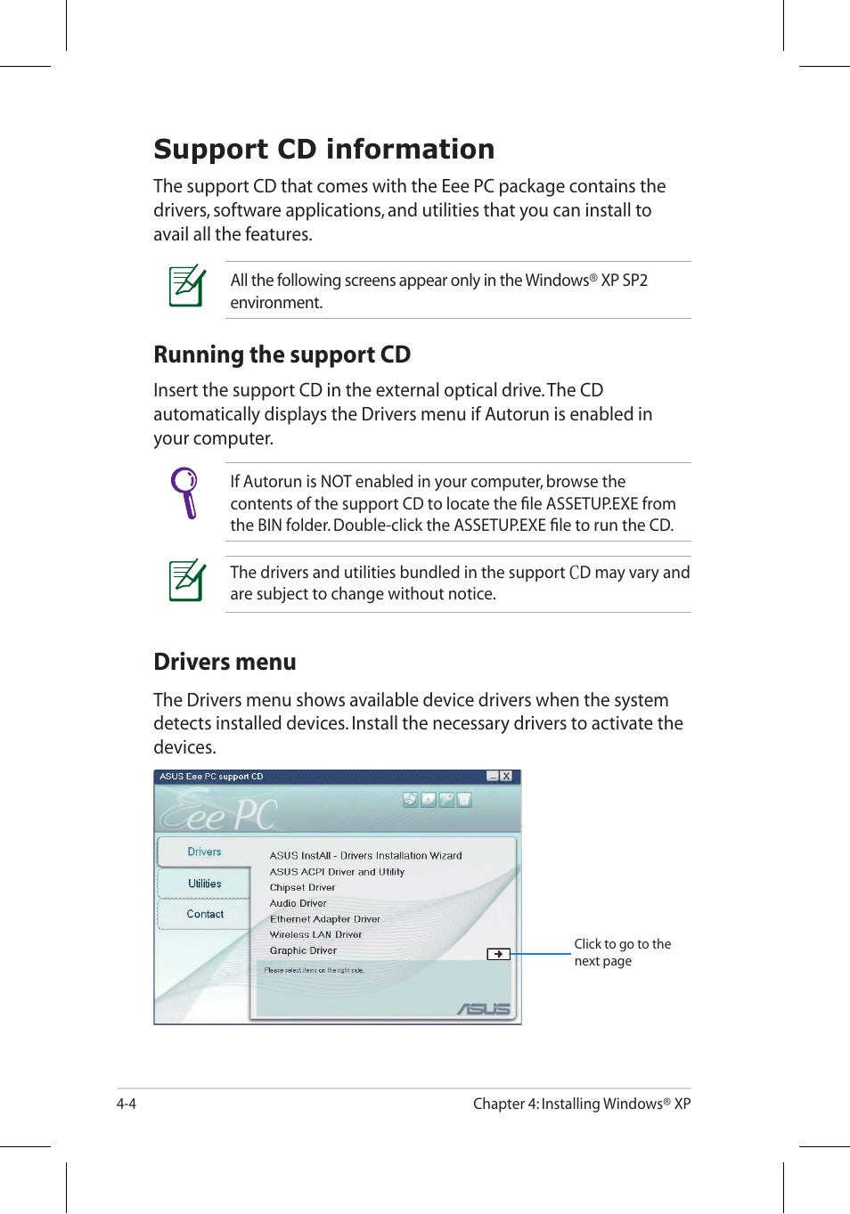 Support cd information, Running the support cd, Drivers menu | Asus Eee PC 701SD/Linux User Manual | Page 74 / 92