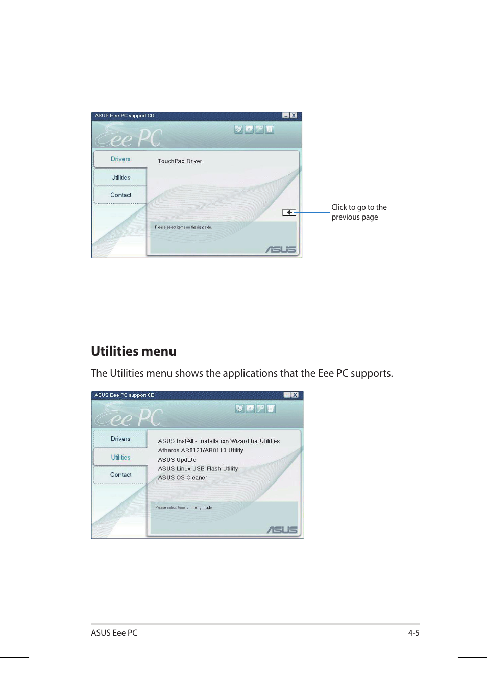 Utilities menu | Asus Eee PC 701SD/Linux User Manual | Page 75 / 92