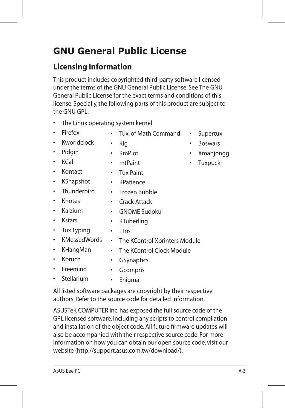 Gnu general public license, Licensing information | Asus Eee PC 701SD/Linux User Manual | Page 79 / 92